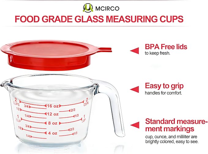 M MCIRCO 6 Pcs Glass Measuring Cups with Lids Set, 1 Cup, 2 Cup, 4 Cup | Measuring Jugs with Handle, Nesting Liquid Measuring Cups for Kitchen, Microwave, Oven, Freezer, Dishwasher, BPA Free