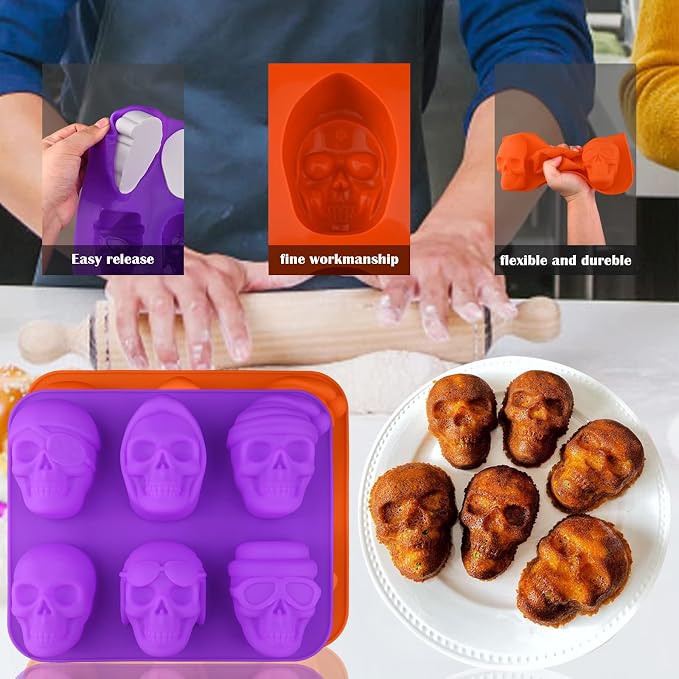Large Skull Cake Pan Silicone Mold, 2 Pack 6 Cavity Halloween Skull Cakelet Chocolate Molds Candy Pizza Baking Molds Handmade Soap Tray
