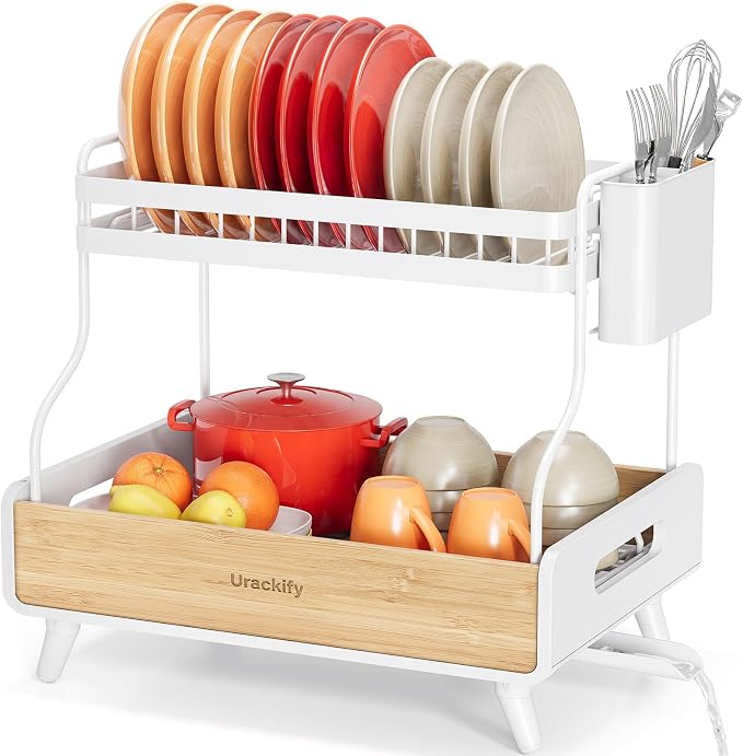 Urackify 2-Tier Stainless Steel&Bamboo Dish Rack for Kitchen Counter,White | Two-Tier Storage, Modern Bamboo Design, Large Capacity, Self-Draining, Rust-Resistant