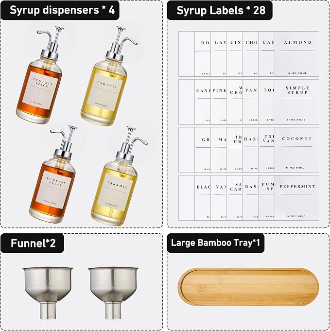 Coffee Syrup Dispenser for Coffee Bar with Silver Upgraded Pump, 4 Pack | Coffee Syrup Pump Dispenser, Glass Syrup Bottle 16.9 oz 500 ml Syrup Dispensers, 28 Labels and Large Bamboo Tray