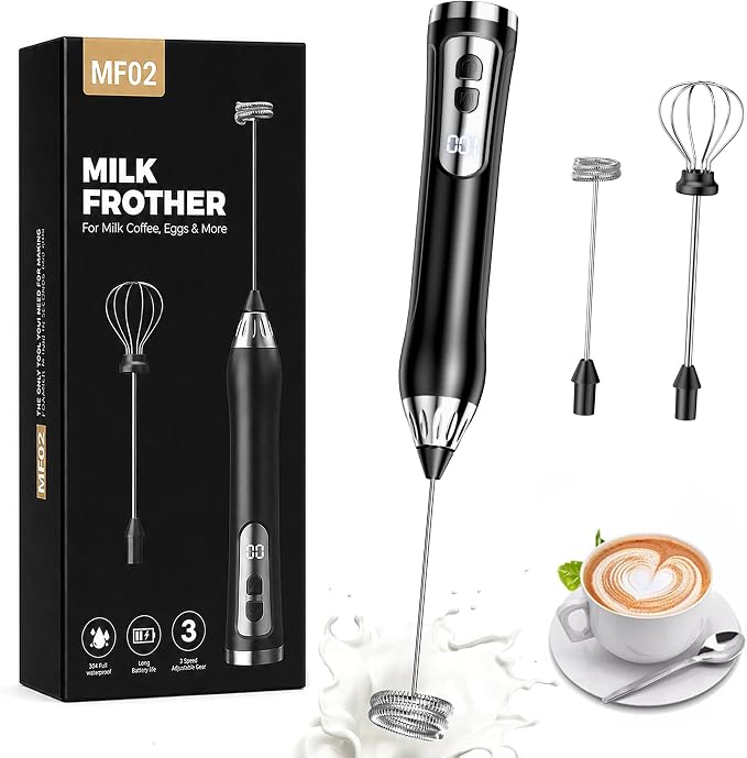 Rechargeable Milk Frother Handheld, IP67 Waterproof Coffee Frother with Digital Battery Display, 3-Speed Electric Milk Frother for Coffee, Latte, Cappuccino, Matcha, Protein Shakes & Eggs (Black)