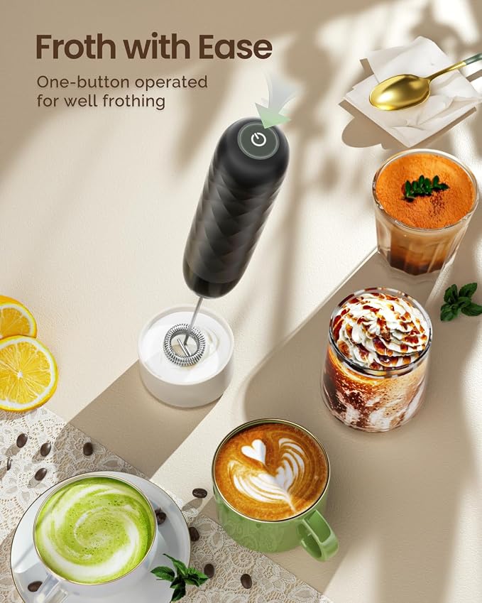 Maestri House Rechargeable Milk Frother, LunaFro Mini with Detachable Wand | 8000RPM Turbo Motor, 1200mAh lithium battery, Compact Design Milk frother Handheld for Lattes, Cappuccino, Matcha, No Stand