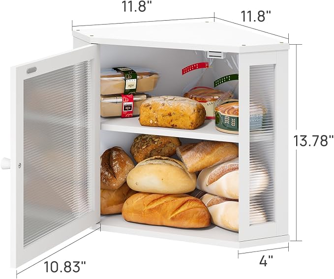 viewcare White Bread Box for Kitchen Counter, Bamboo Wood Large Capacity Bread Storage Bin with Acrylic Wavy Door Panel (White, Meduim)