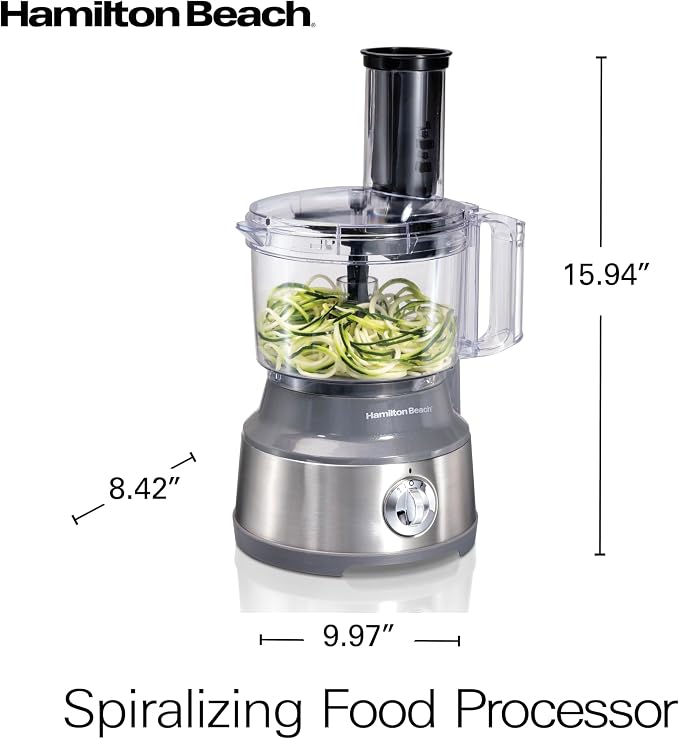 Hamilton Beach 10 Cup Food Processor & Vegetable Chopper | For Slicing, Shredding, Mincing, and Puree | Veggie Spiralizer Attachment | Grey and Stainless Steel | 70735