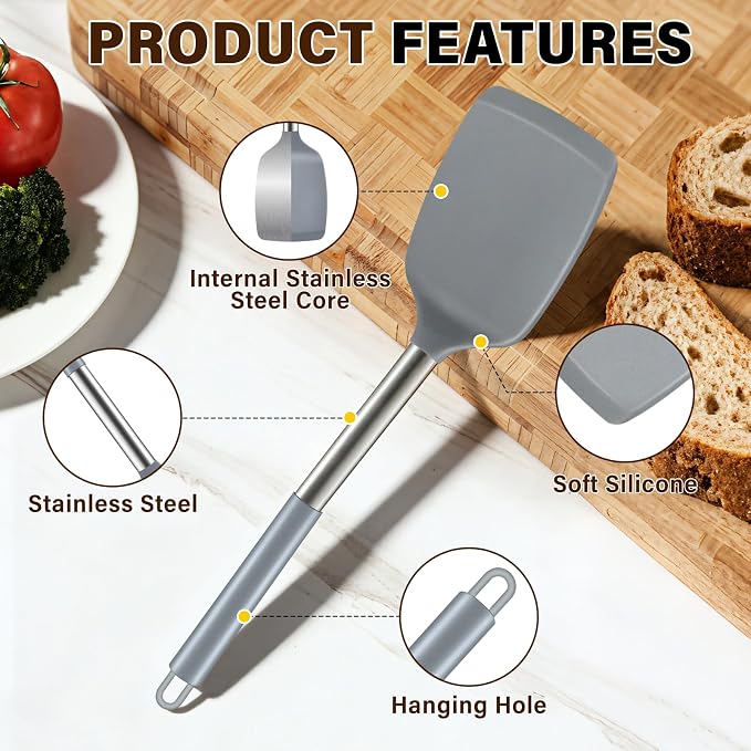 5Pcs Silicone Cooking Utensils Set, Heat Resistant Kitchen Tools Include Solid&Slotted Spatula, Cooking Spoon and Pasta Server, Silicone Kitchen Utensils set for Nonstick Cookware Flipping, Gray