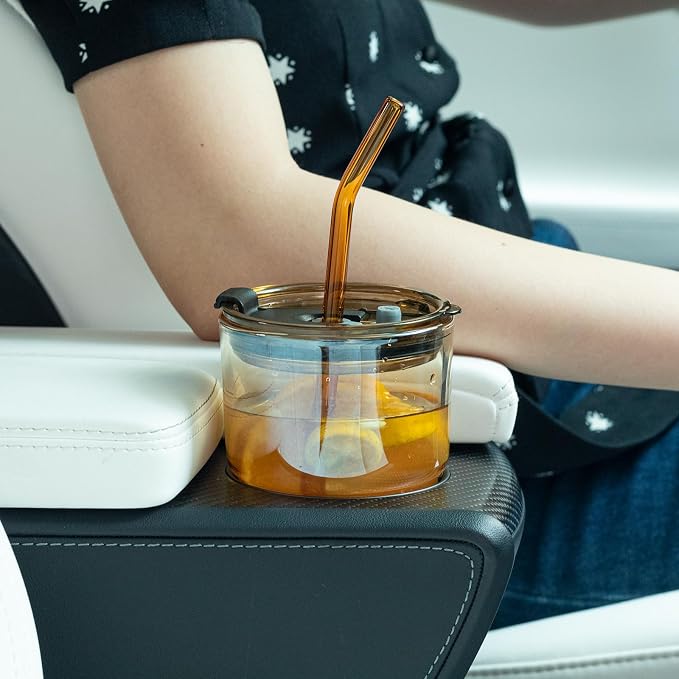 BLUEPOLAR 13oz/400ml Glass Tumbler Water Cup with Straw and Lid, Sealed Carry on for Coffee, Iced Tea, Thick Wall Insulated Amber 2-Pack