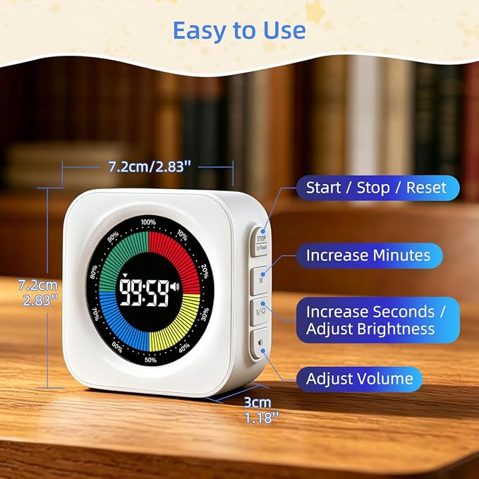 Visual Timer for Kids, 99 Min Countdown Timer for ADHD, Classroom, Focus | Visual Progress Bar, Count Up Timer, 4 Alert Modes, Adjustable Brightness for Homeschool, Study, Productivity & Kitchen