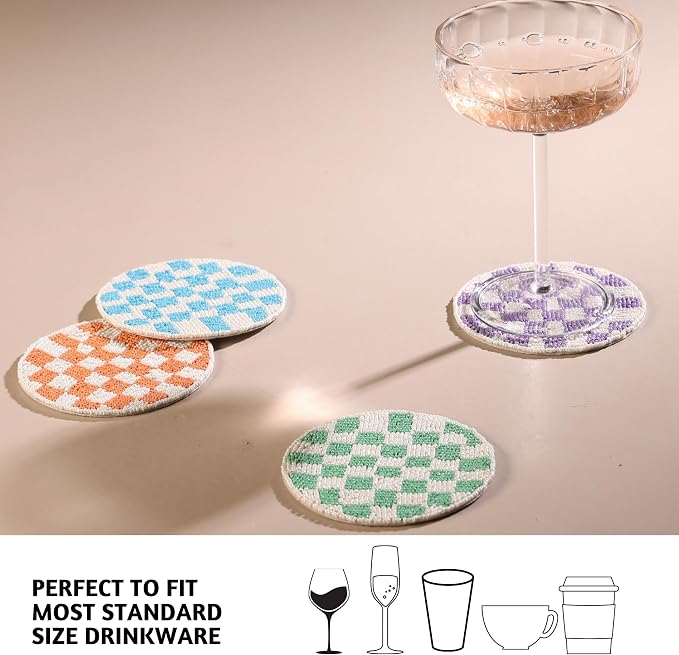 Folkulture Coaster for Drinks | (4") Pack of 4 Multicolor Boho Coasters | Cute Round Boho Coaster | Beaded Drink Coasters for Coffee Table Decor | Round, Beaded, Hand Wash Only