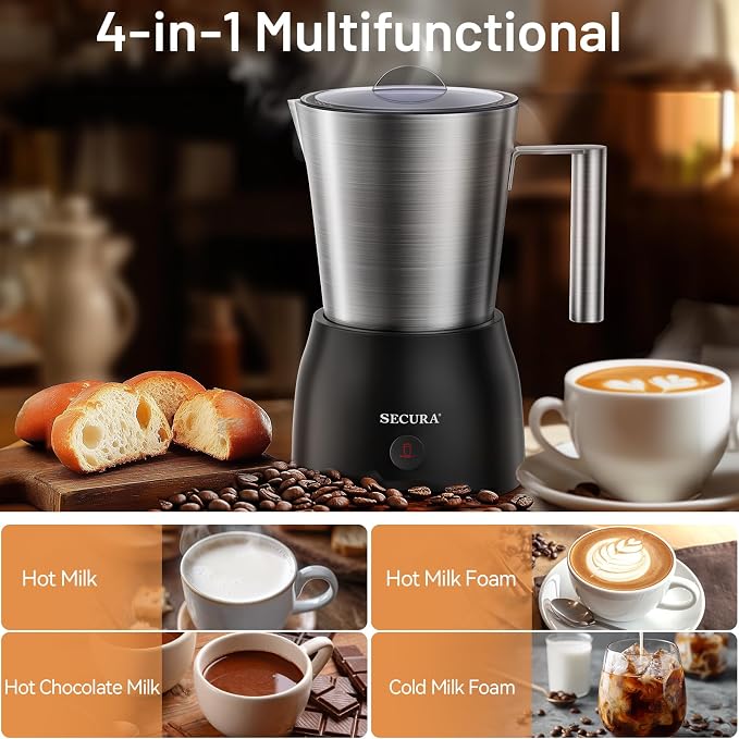 Secura Electric Milk Frother, 17oz Stainless Steel Hot & Cold Foam Maker | 304 Stainless Steel Jug, Teflon-Free & BPA-Free Design, Dishwasher-Safe, 4-in-1 Foam Maker, Create Latte, Hot Chocolate