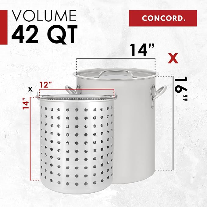 CONCORD 42 QT Stainless Steel Stock Pot w/Basket. Heavy Kettle. Cookware for Boiling (42)