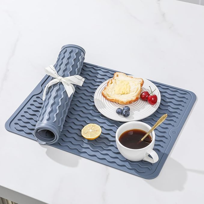 2 Pack Caketime Silicone Dish Drying Mat for Kitchen Counter Multiple Usage for Baking Cooking Grilling Under Sink Office Coffee Accessories Apartment Appliances Pioneer Woman Stuff 15"x11.5" Blue