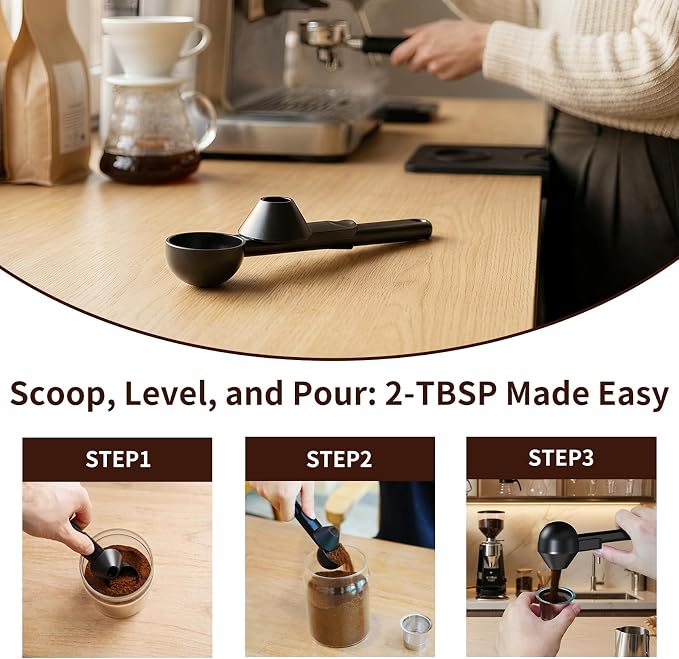 Coffee Scoop with Funnel for Reusable K Cup, 2 TBSP Measuring Spoon | Mess-Free Funnel Design, Sliding Leveler for Precise 2 TBSP, Long Handle for Coffee, Protein Powder & Tea (1-Pack)