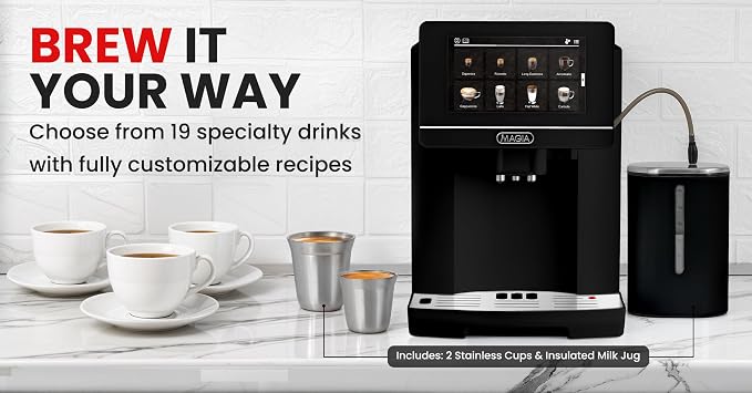 Zulay Kitchen Magia Ultra LUX Super Automatic Espresso Machine, Bean-to-Cup Coffee Maker with Built-In Grinder, Automatic Milk System, 19 One-Touch Specialty Drinks, Touchscreen, Black