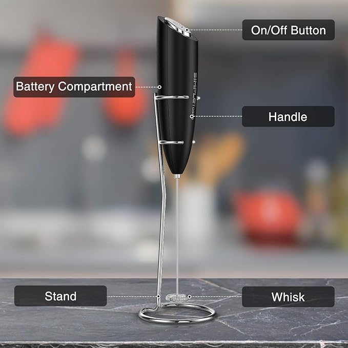 SIMPLETASTE Milk Frother Handheld Electric Foam Maker Battery Operated | Drink Mixer with Stainless Steel Whisk for Cappuccino, Bulletproof Coffee, Latte, Black, with Stand