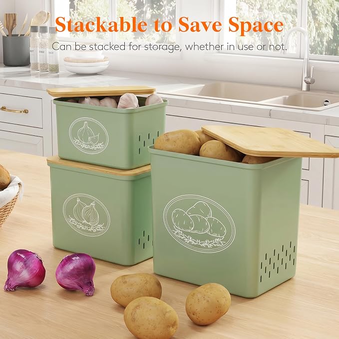 Lifewit Plastic Potato and Onion Storage Bin Box, Set of 3, Green | Stackable Garlic Keeper, Vegetable Container Box, Aerating Holes & Lid for Pantry Countertop