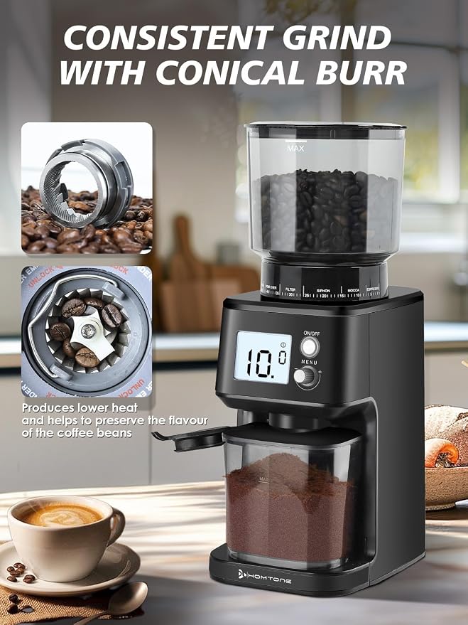 Homtone Conical Burr Espresso Coffee Grinder,51 Precise Settings,Electric Mill with Portafilter Holder, 2-12 Cups Adjustable, Anti-static, Stainless Steel, 120V