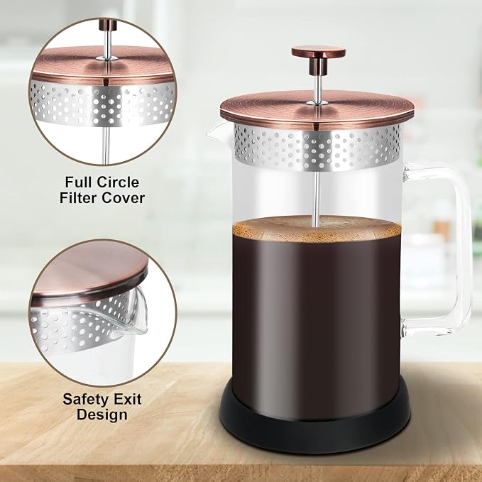 Mini French Press Coffee Maker-304 Stainless Steel Grilles, Borosilicate Glass Small Coffee Press,Non-slip Silicone Base-12 oz /350 ml with 2 Filter Screen-2 Cup Teapot