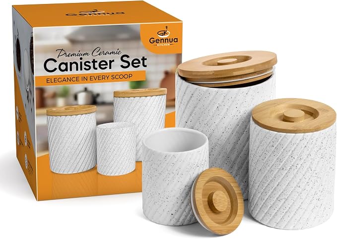 Flour Sugar Storage Containers - Ceramic Canister Set of 3 with Airtight Bamboo Lids for Kitchen Counter - 80, 40 & 20 oz, White