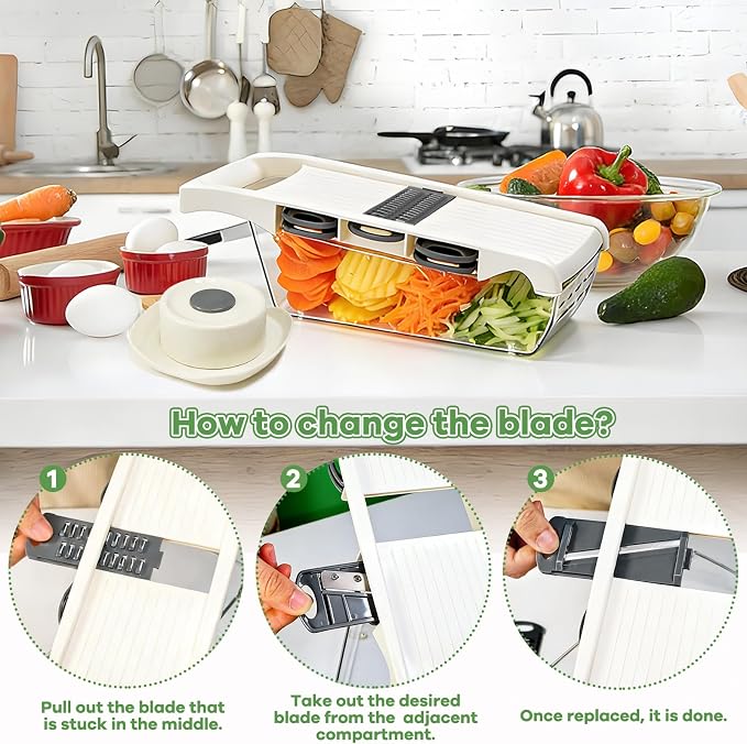 6-in-1 Mandoline Slicer for Kitchen, Multi Blade Veggie Cutter with Drainage Tray, Stainless Steel Blades, BPA-Free, Non-Slip Base & Easy Clean for Meal Prep (stainless steel)