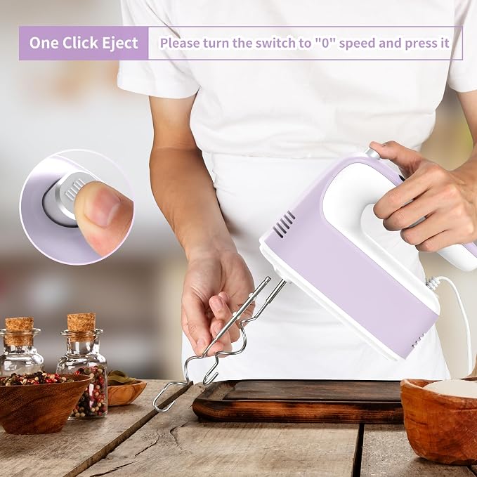 Yomelo 9-Speed Digital Hand Mixer Electric, 400W Powerful DC Motor, Hand Mixer Electric Handheld with Snap-On Storage Case, 5 Stainless Steel Accessories, Beaters, Dough Hooks, Whisk(Lilac Purple)