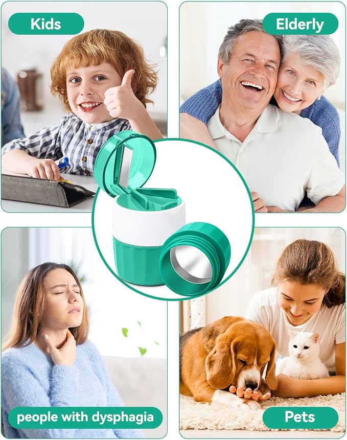 Pill Crusher Fine Powder, Pill Grinder & Cutter, Storage Box, Cyan | Stainless Steel Pestle, Pill, Vitamins, Tablets, Crusher for Elderly, Pets, Easy to Use, Crushes Medications into Fine Powder
