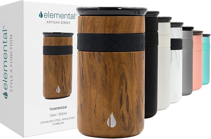 Elemental Artisan 12oz Triple-Wall Insulated Coffee Tumbler w/Ceramic Lid | Triple Wall Coffee Travel Mug, Reusable Stainless Steel Coffee Tumbler; Thermal Coffee Cups for Hot (6 Hrs) & Cold (18 Hrs)