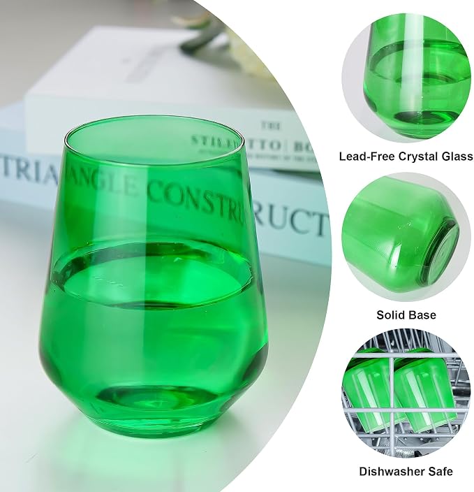 Green Stemless Wine Glasses Set of 6, 15oz Drinking Glassware Dishwasher Safe, Wine Glass Tumblers for Red or White, Gift for Party, Holiday, Anniversary, Restaurant, Home Bar, Daily Use