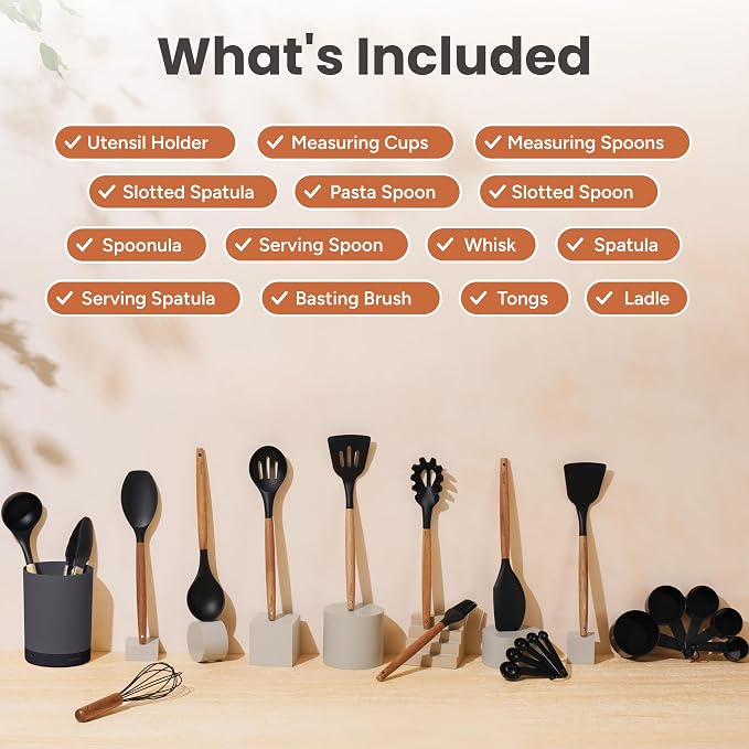 SMIRLY Silicone Kitchen Utensils Set, 22-Piece Acacia Wood Handle, Black | Cooking Utensils Set, Spatula Set with Utensils Holder, Heat-Resistant Silicone Heads, for Nonstick Cookware, BPA Free