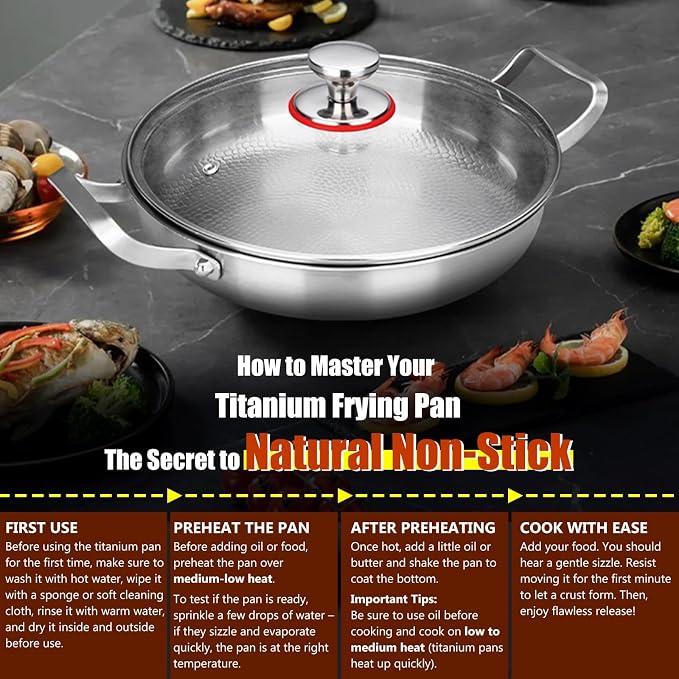 Titanium Hammered Pan, 2026 New Upgrade Double Handle Non Stick Titanium Pans for Cooking, Ultra-Durable, Scratch-Resistant, Even Heating Frying pans, Compatible With All Cooktops,With lid,12