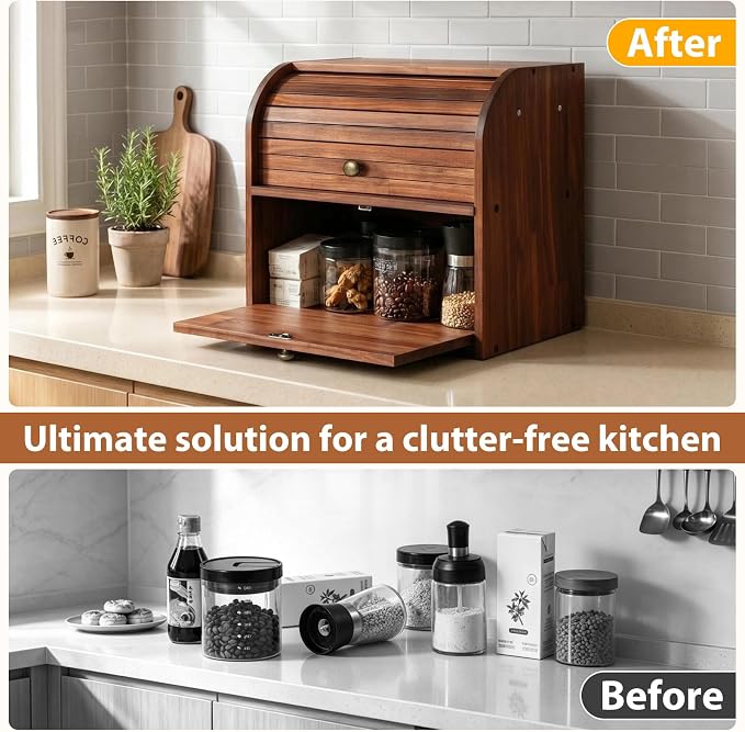 Sunhoo Wooden Bread Box for Kitchen Countertop, Roll Top Breadbox, Brown | Large Double Layer Pantry Container, Solid Wood with Cutting Board, Fresh Homemade Sourdough Bin Cabinet, Vintage Farmhouse