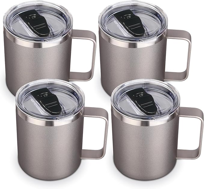 Volhoply 14oz Insulated Stainless Steel Coffee Mug with Lid Bulk 4 Pack,Double Wall Vacuum Travel Coffee Cup with Handle,Reusable Cups Tumbler Cup,Camping Mugs Keep Hot,Ideal Gifts(Gray,4 Set)