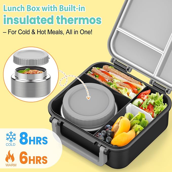 Bento Box for Kids with Food Thermo,Leak-proof Lunch Container | 4 Compartment Kids Lunch Box,9oz Insulated Hot Food Jar,Built-in Utensil for Boys Girls Toddler to School Travel-Black Gray