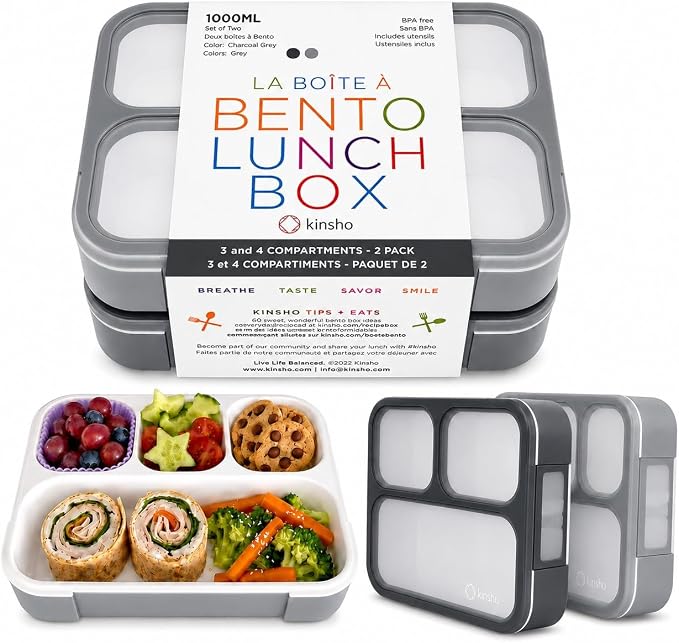 kinsho Bento Box Lunch Boxes for Kids Adults, Meal and Snack Containers School Work Travel, 4 Divided Portion Control Compartments, Japanese Style, BPA Free, Utentils Included (Grey + Black, 2 Pack)