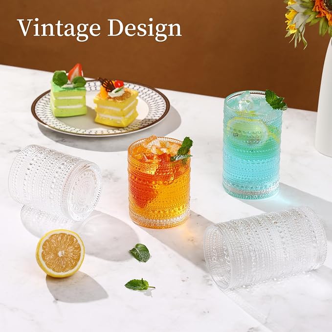 Moretoes Hobnail Drinking Glasses Set of 12, Vintage Water Glass Cups | 12 Oz Highball Glasses & 10 Oz Cocktail Glasses, Clear Embossed Boho Kitchen Bar Tumbler for Whiskey, Beer, Juice, Milk