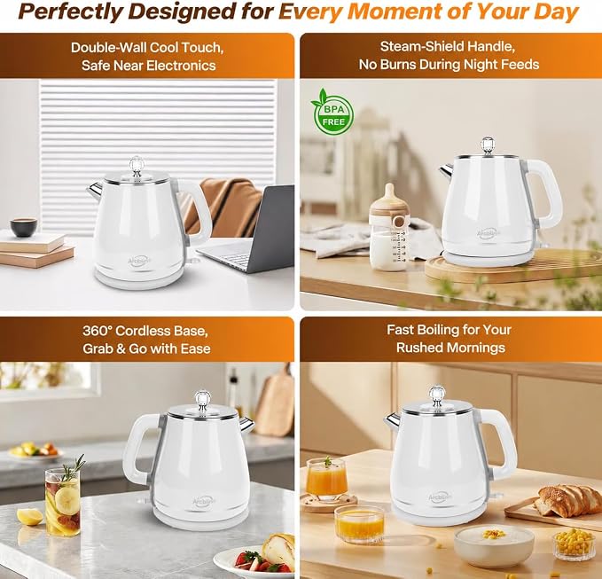 Electric Kettle 1.8L, Pearl White | Retro, 1350W Fast Boil, Stainless Steel Interior, BPA Free, Automatic Shut Off
