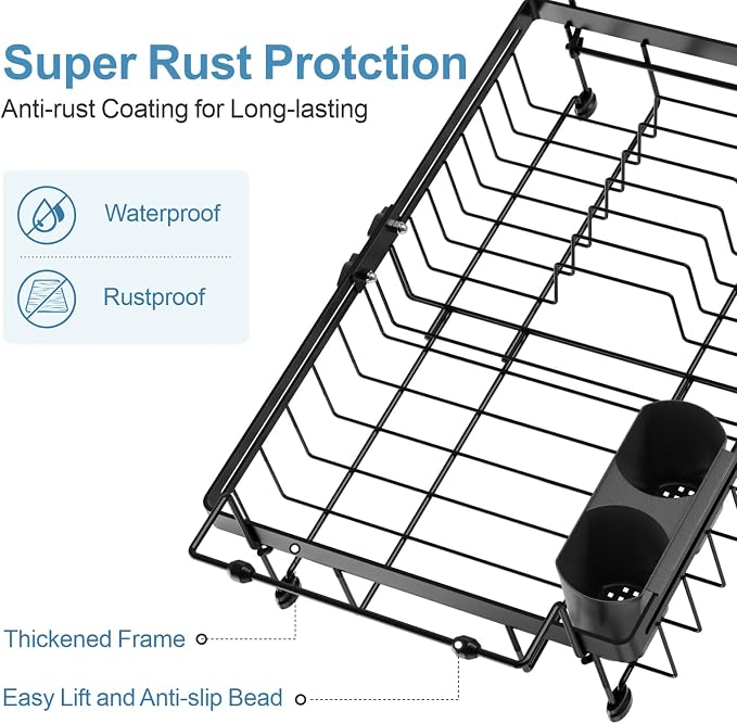 Dish Drying Rack Over the Sink - Expandable Drainer with Cup Holder | Twist-Lock Adjustment, Removable Utensil Holder, Handles with Non-Slip Beads, Rust-Resistant, Space-Saving for Kitchen