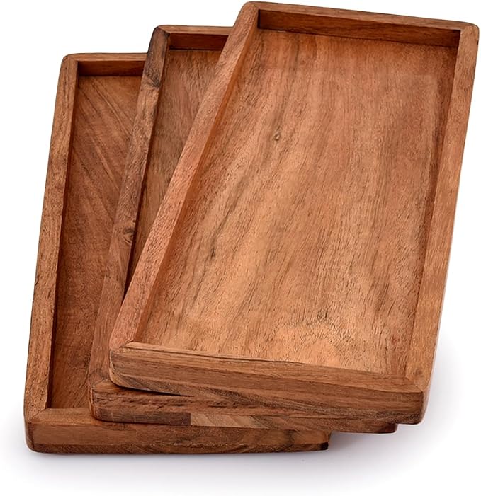 Acacia Wood Rectangular Wooden Platters for Home Decor, Food, Vegetables, Fruit, Charcuterie, Appetizer Serving Tray (13" x 5.5" x 0.75") (Set of 3)