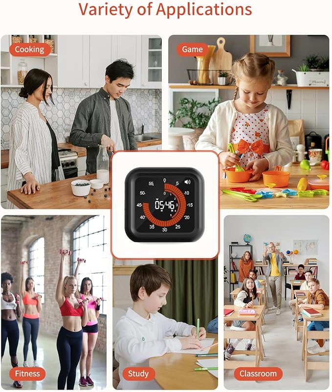 Digital Magnetic Visual Kitchen Timer, Up to 11H 59M Countdown & Count Up | USB-C Rechargeable, Large VA Display, Adjustable Volume and Brightness, Memory Recall Function for Kitchen, Classroom, Study