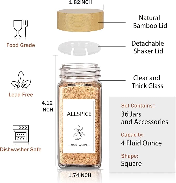 Aliggbent Spice Jars with Labels 36 Pcs 4 oz Glass Bamboo Lids Shaker Set | Glass Seasoning Jars Spice Containers Shaker Lids Collapsible Funnel Airtight Seal for Pantry Cupboard Storage Organization