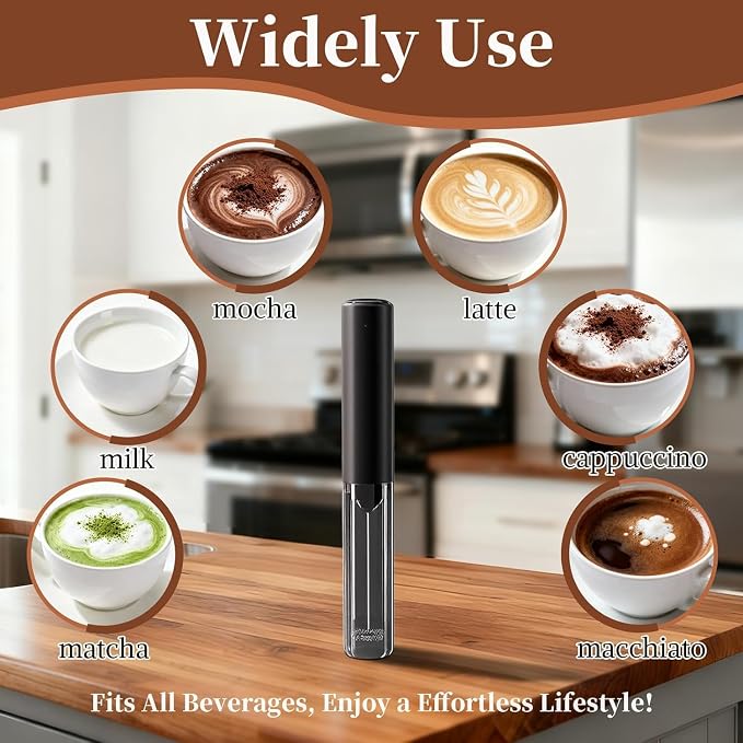 Rechargeable Milk Frother Handheld, Coffee Frother Wand Drink Mixer with Stainless Steel Whisk for Coffee, Cappuccino, Lattes, Frappe, Matcha and Hot Chocolate, (Black)