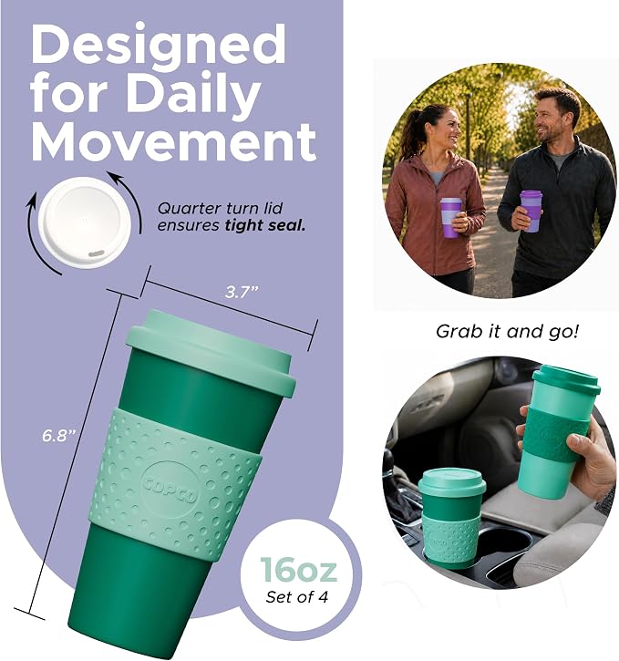 Copco Acadia 16oz Travel Mug, Set of 4 - Double Wall, Green & Purple | Spill-Resistant Lid, Ergonomic Design, Comfortable Handling, Ideal For Daily Commutes & On-The-Go Beverages