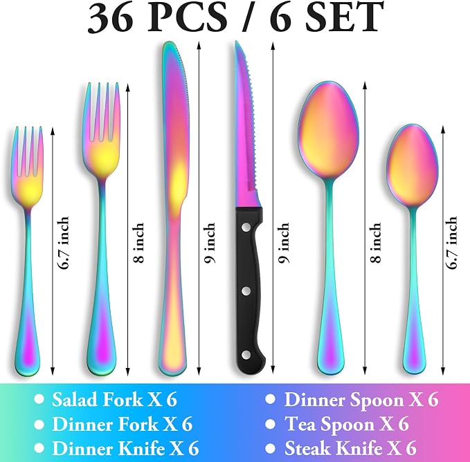 36 Pcs Rainbow Silverware Set with Steak Knives, Stainless Steel Flatware Cutlery Set for 6, Kitchen Tableware Sets, Utensil Sets for Home and Restaurant, Dishwasher Safe