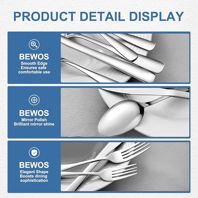 BEWOS 20 Piece Silverware Set - Stainless Steel Silverware Sets for 4 Include Spoon, Forks, Knives, Mirror Polished Flatware Set for Home, Kitchen, Restaurant, Dishwasher Safe
