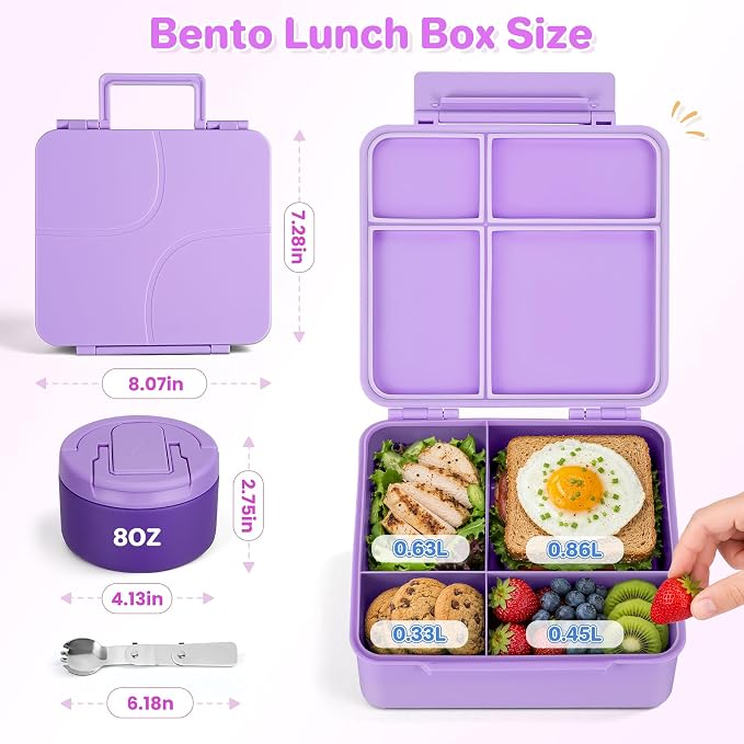 Bento Lunch Box for Kids with 8oz Soup Thermo,Kids Leakproof Lunch Food Containers with 4 Compartment,Kid Insulated Thermo Hot Food Jar for School,Trvael-Purple
