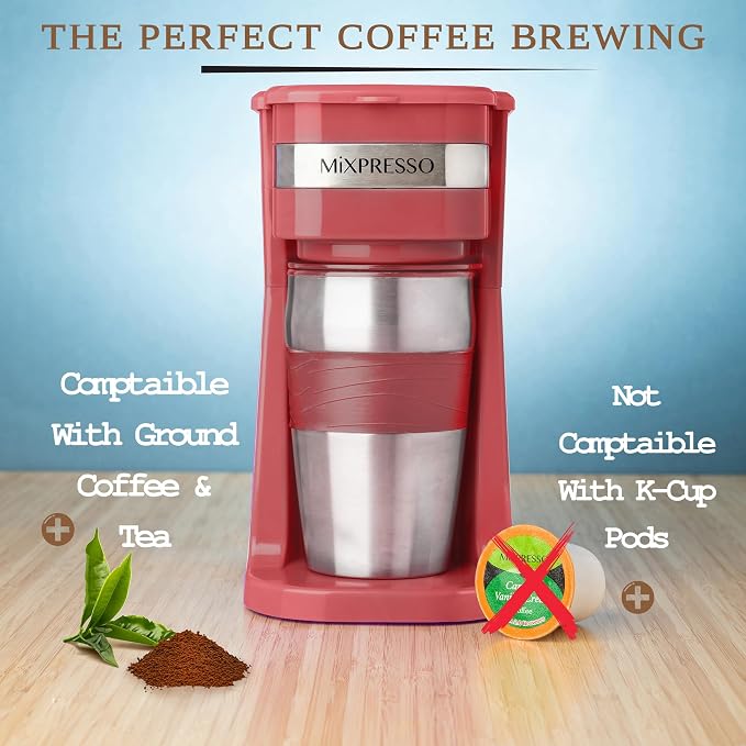 Mixpresso Single Serve & Single Cup Coffee Maker with 14oz Travel Mug Red | For ground coffee only, reusable filter, auto shut off. Compact personal drip coffee maker, not compatible with K-Cup pods.