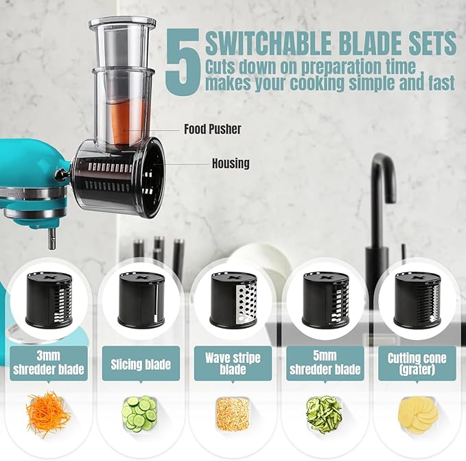 Stainless Steel Slicer Shredder Attachments for KitchenAid Stand Mixers | Vegetable Shredder, Cheese Grater, Salad Maker, Food Slicers Chopper Grinding Powder Accessories, Detachable 5 Blades