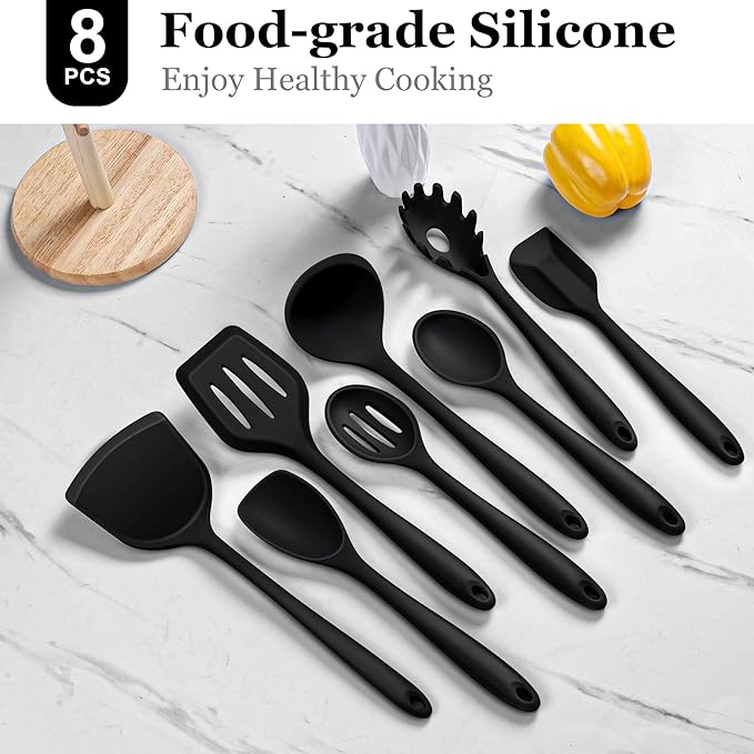 LIANYU Non-Toxic Cooking Utensils Set of 8, Silicone Black Kitchen Utensils | Healthy Kitchen Tools for Non-Stick Cookware, with Spatula & Spoon, Stainless Steel Core, Healthy & Heat Resistant