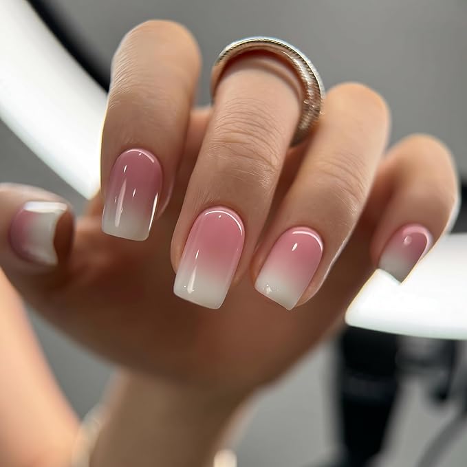CurvLife Short Square Press On Nails, Ivory Pink Ombre,Soft Gel | 32PCS, 16 Sizes, Salon-Quality Natural Fake Nails, Curved Fit, 7-14 Day Glue-On Wear, Reusable Stick-On Nails, Press-On Kit