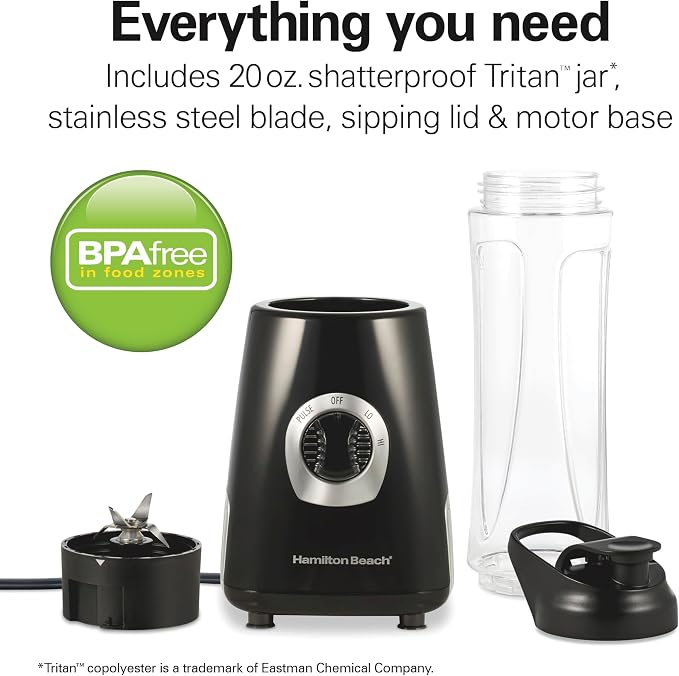 Hamilton Beach Go Sport Portable Blender For Smoothies | 20 oz. Personal Blender Jar | 600 Watt Motor & Stainless Steel Blades For Powerful Blending Performance | Black | 51143G