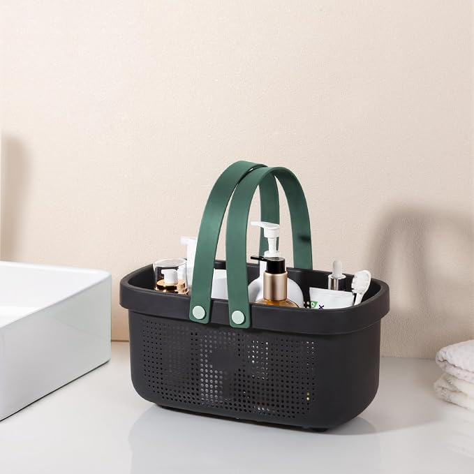 Portable Shower Caddy Basket with Handle Plastic Storage Basket Black Green | Sturdy Drainage Large Capacity Organizer Basket with Silicone Handles for Bathroom Kitchen Bedroom College Dorm Essentials